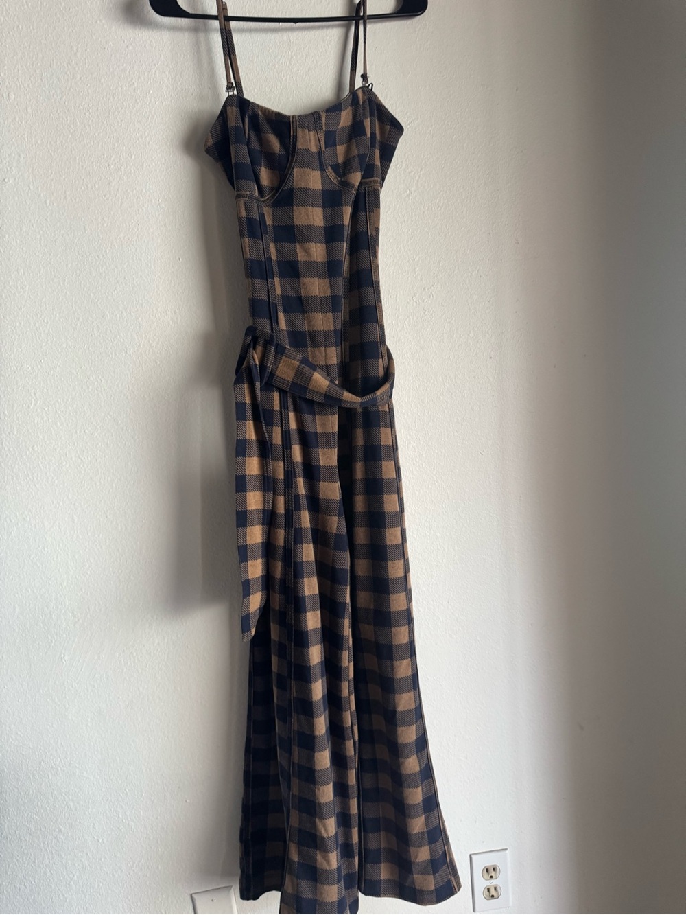 Free People Brown and Black Plaid Wide Leg Jumpsuit